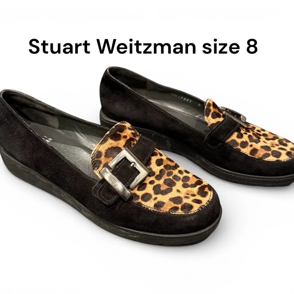 STUART WEITZMAN Black Suede & Animal PrintCalf Hair Loafers Size 8 EUC - Picture 2 of 7